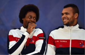 Gael Monfils and Jo-Wilfred Tsonga sitting together at press conference laughing