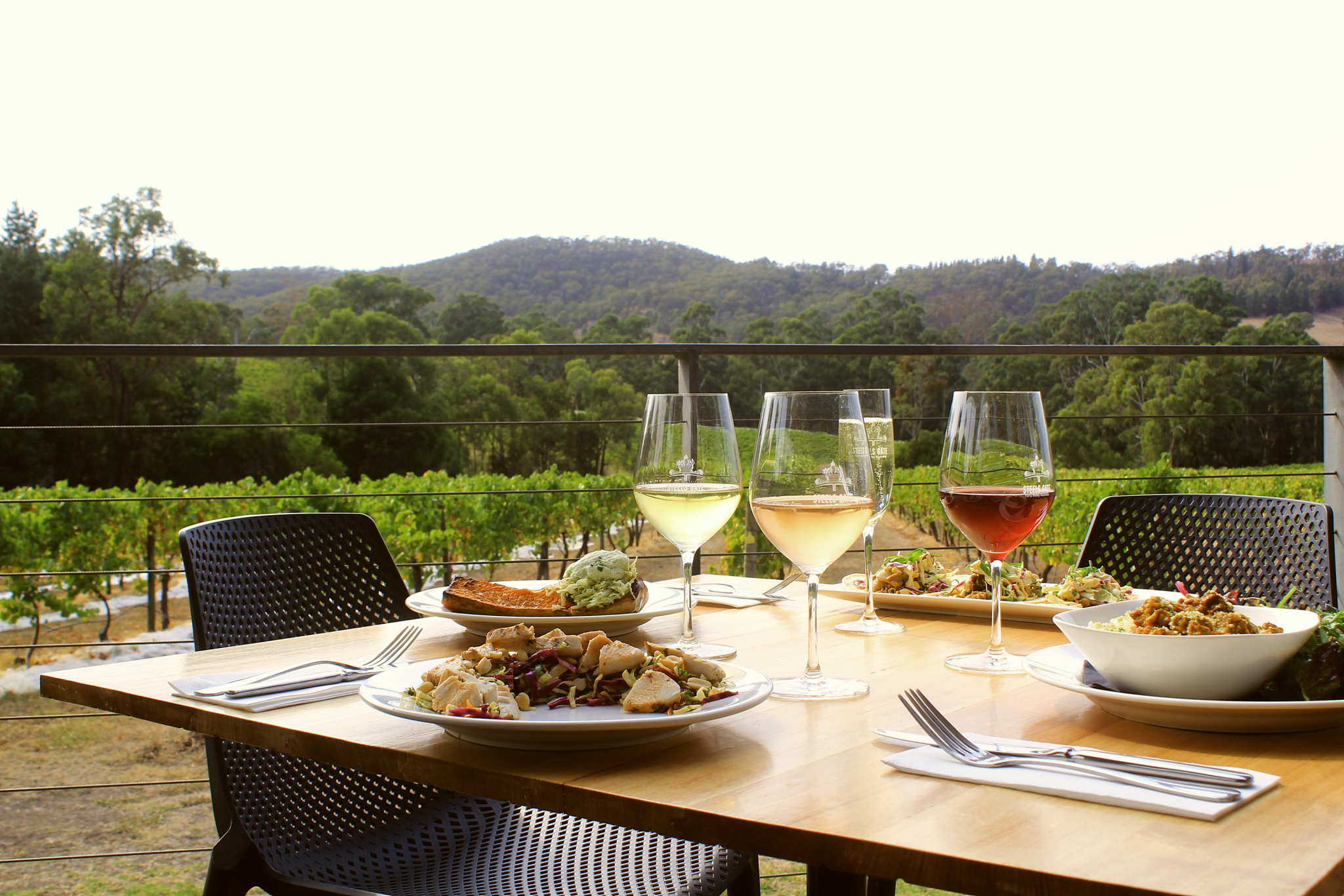 Side view of a Steel's Gate lunch table setting with savoury dishes and wine - set against a backdrop of vineyards and tree covered hills